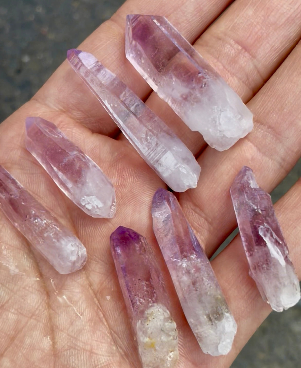 Hand holding several high-clarity Vera Cruz amethyst crystal points, showing their natural shape and purple tips