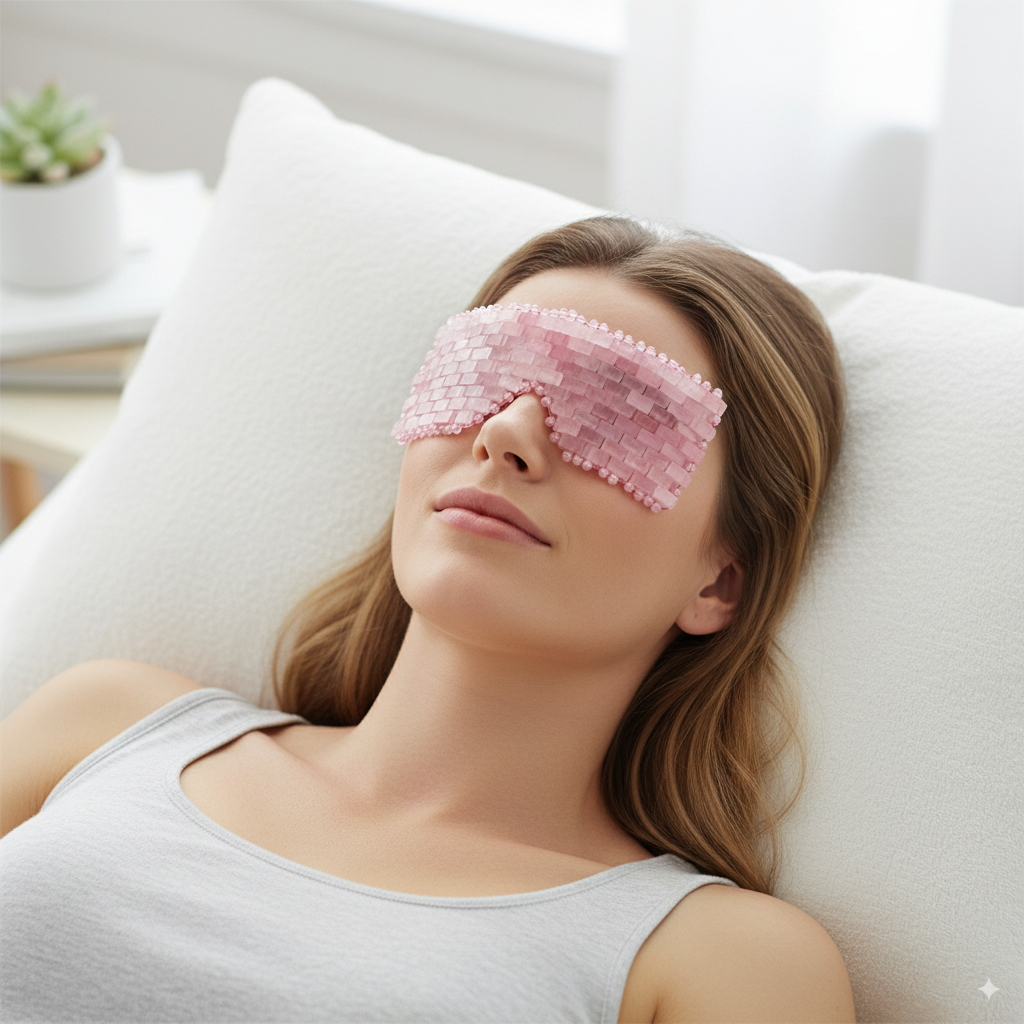 A woman relaxing on a pillow with a pink rose quartz eye mask over her eyes.